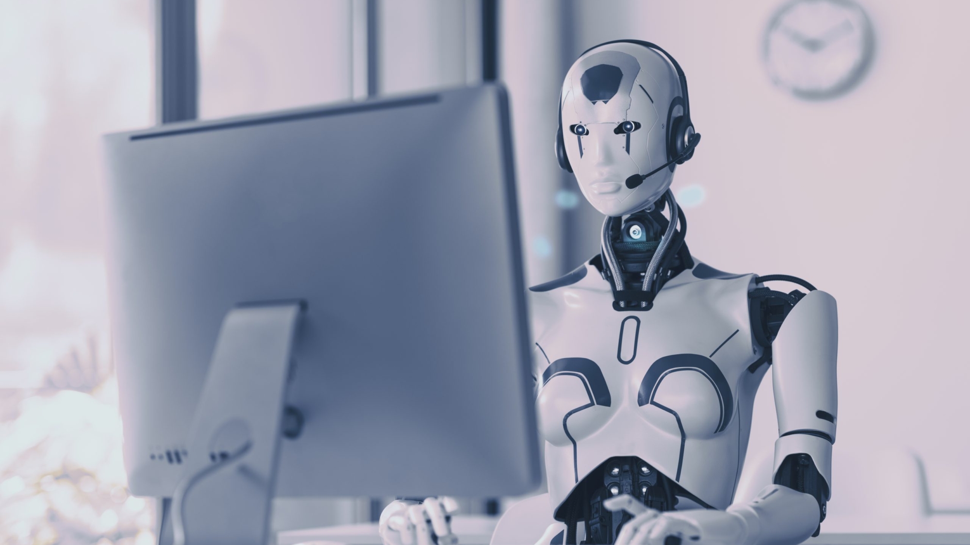 Android AI robot sitting at the desk and working in the office: artificial intelligence, business and automation concept