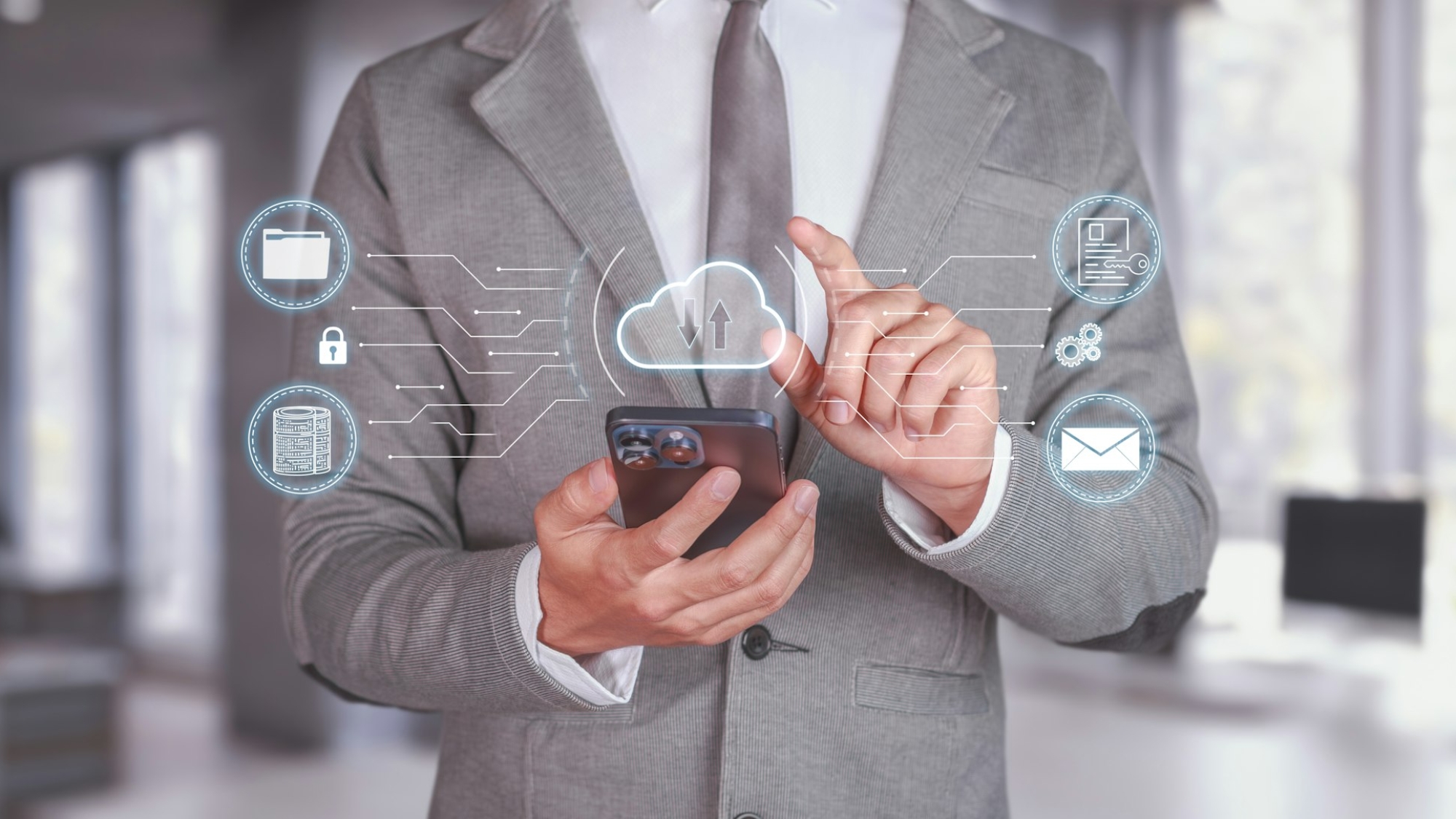 Businessman Enhancing Document Security and Accessibility with Cloud Technology