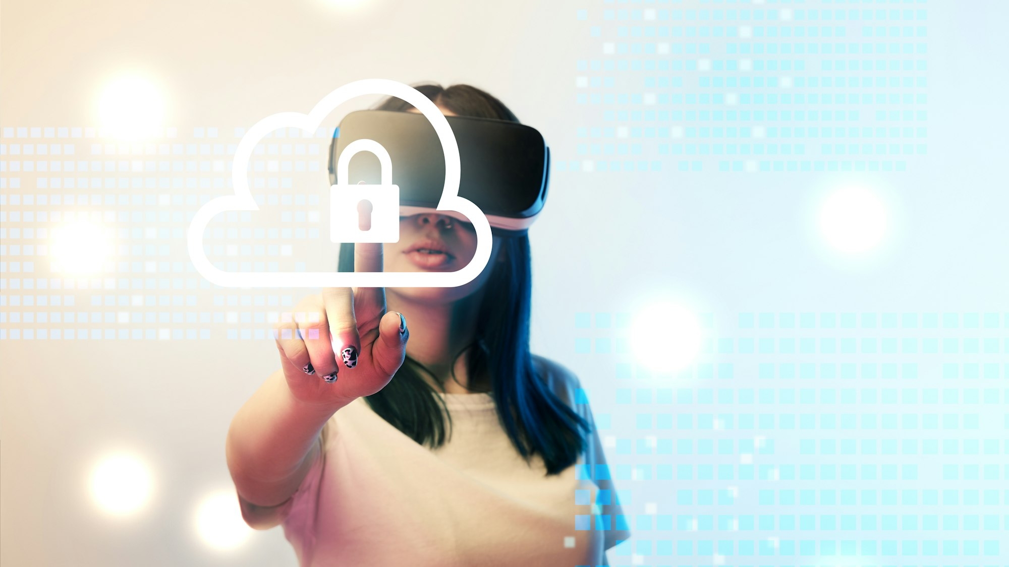 young woman in virtual reality headset pointing with finger at internet security illustration on
