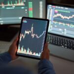 Trader investor holding tablet analyzing stock digital finances trade platform.