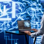 AI computer scientist using notebook for business data analysis