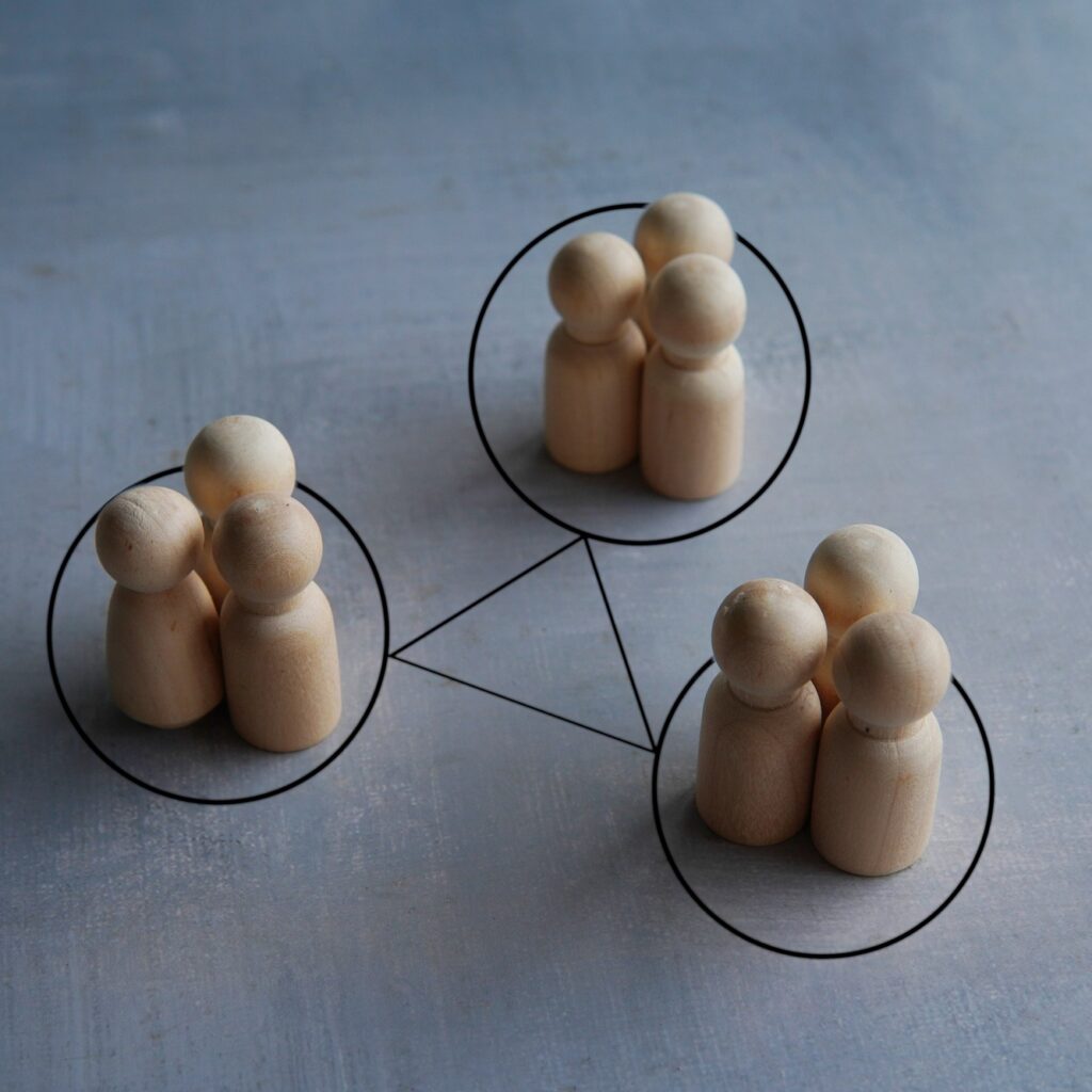 Groups of people are connected by lines.