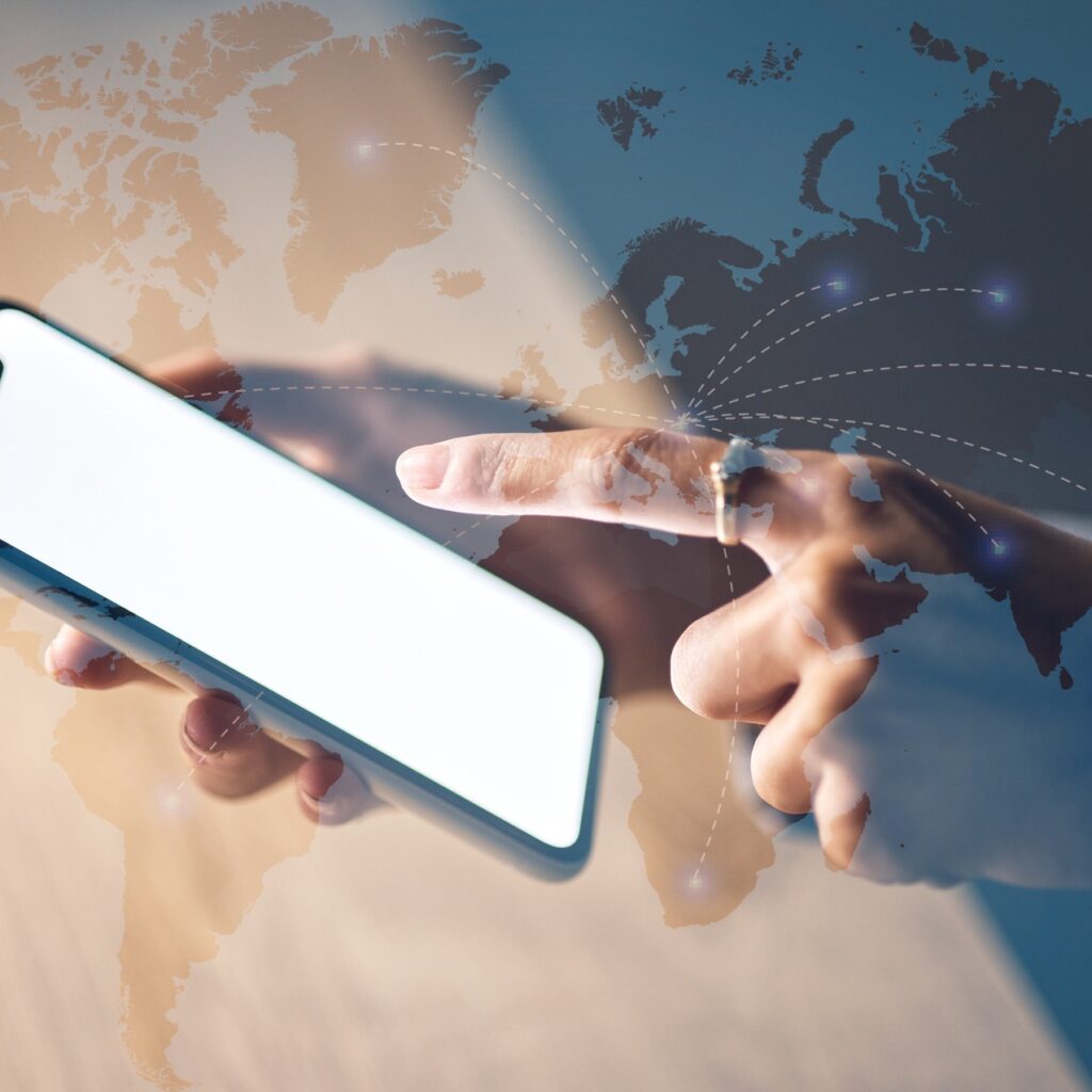 Globe abstract, hands and phone screen for global networking mockup, digital transformation app or
