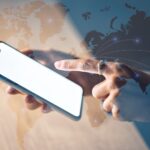 Globe abstract, hands and phone screen for global networking mockup, digital transformation app or