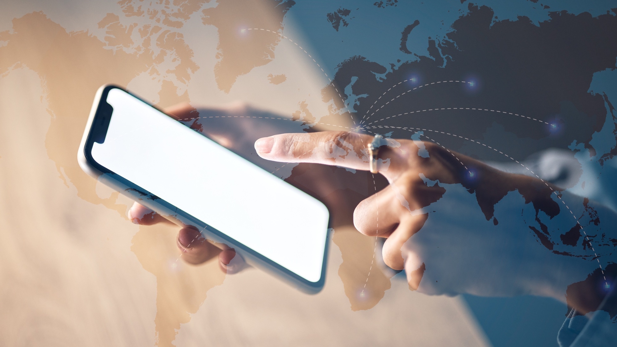 Globe abstract, hands and phone screen for global networking mockup, digital transformation app or