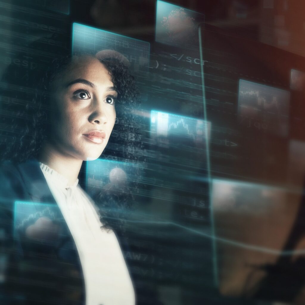 Futuristic, AI and business woman, iot and connectivity, cyber data overlay and technology innovati