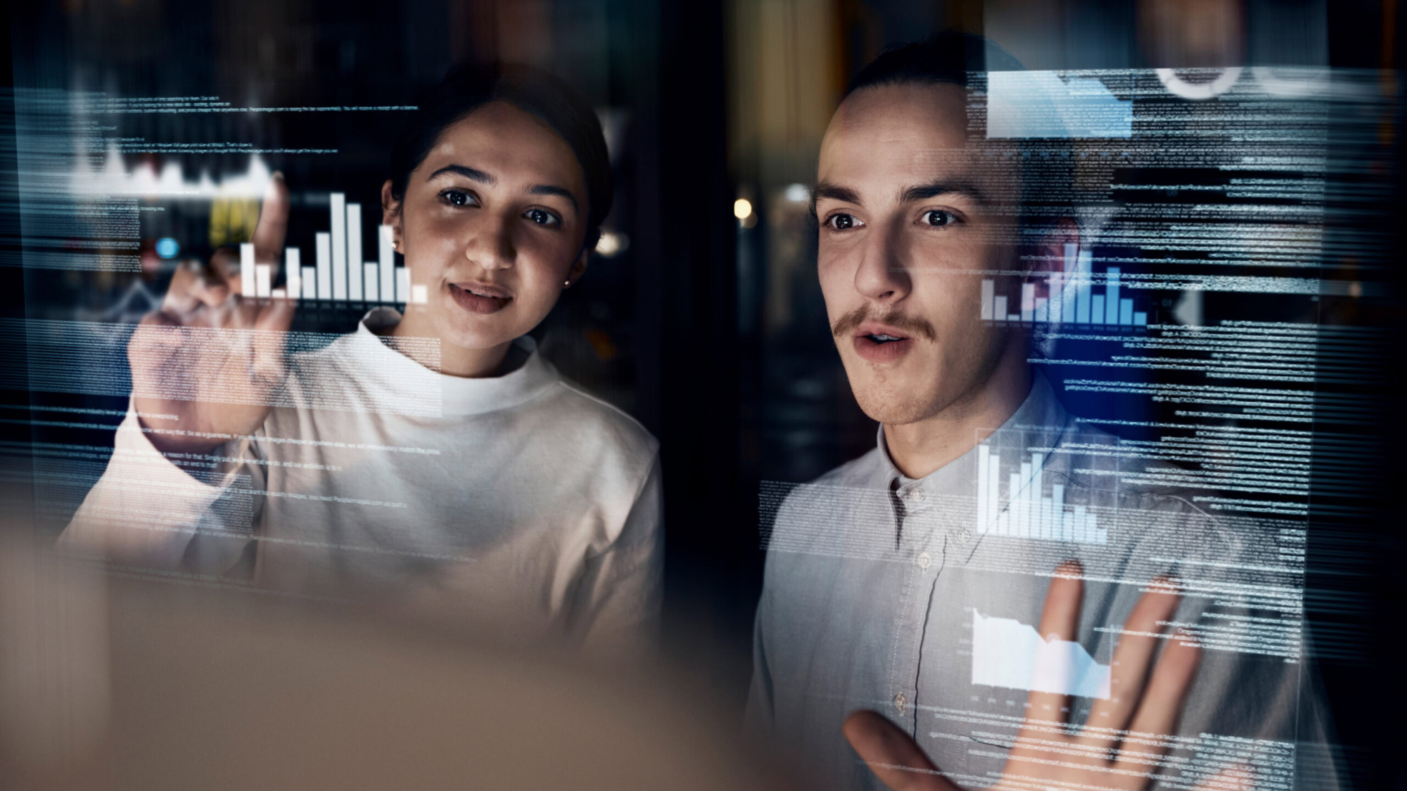 Teamwork, cyber security and programmer with business people at night for augmented reality, develo.