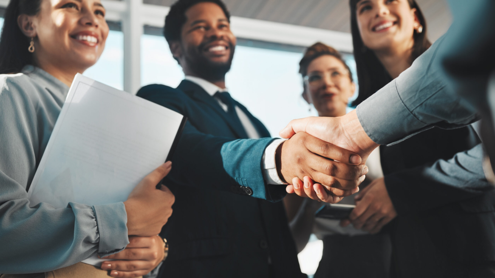 Handshake, business people and diversity partnership, collaboration or b2b welcome, thank you and m.