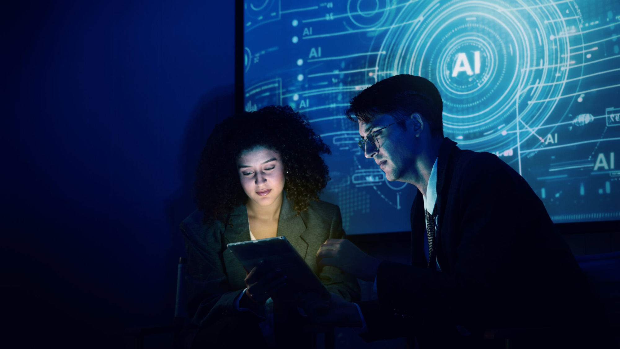 Ai using. Business team using technology artificial intelligence with digital Ai assistant. Futuristic innovation AI technology collab and biz ideas for future work. Business AiTech Startup meeting.