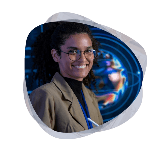 A smiling woman with curly hair and glasses holds a digital tablet and stylus, standing in front of a colorful, glowing digital globe and network interface.