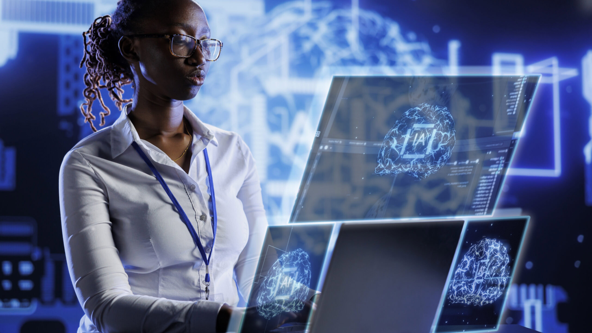 African american scientist using cognitive computing simulating human brain thought processes in computerized model. AI machine visualization showing deep learning algorithms using pattern recognition
