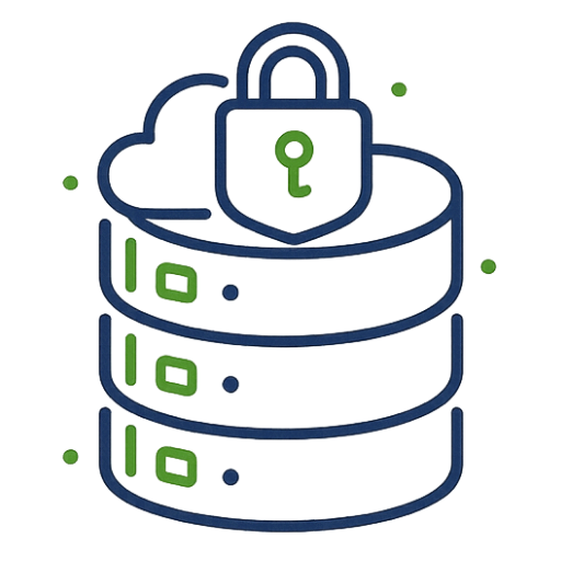 Cloud storage icon showing secure data storage with database layers and a lock