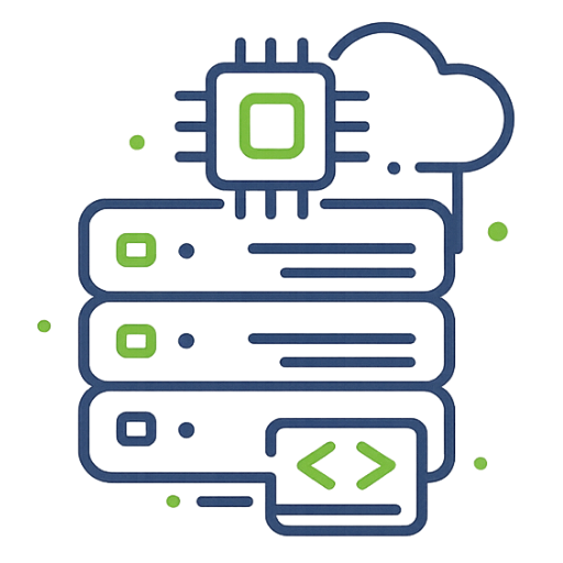 Compute infrastructure icon showing servers, a processor chip and cloud connectivity