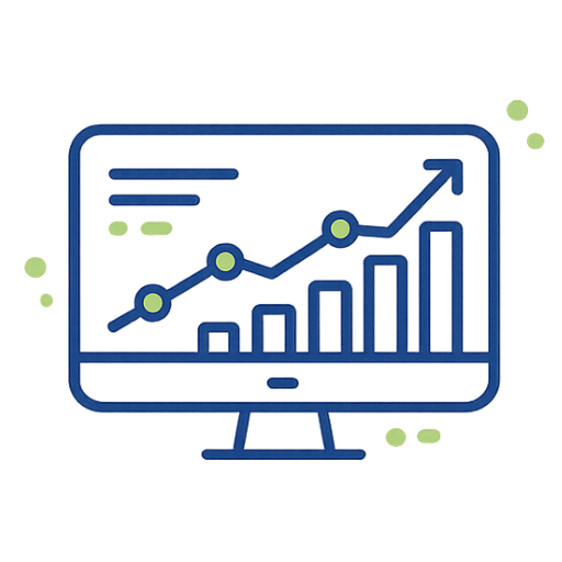 Data analytics icon showing a dashboard with charts and insights