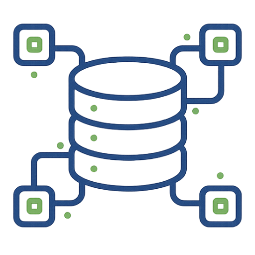 Database icon showing a central data system connected to multiple nodes