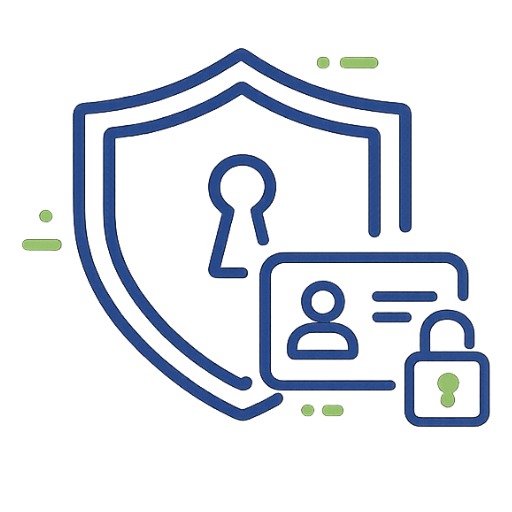 Identity security icon showing a shield, user ID and lock