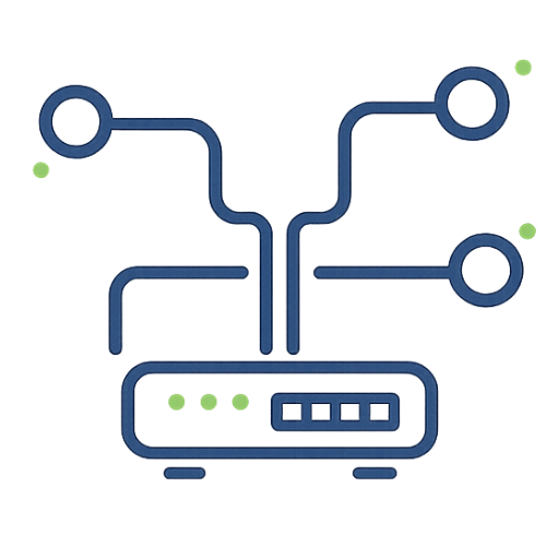 Network infrastructure icon showing a router connected to multiple network nodes